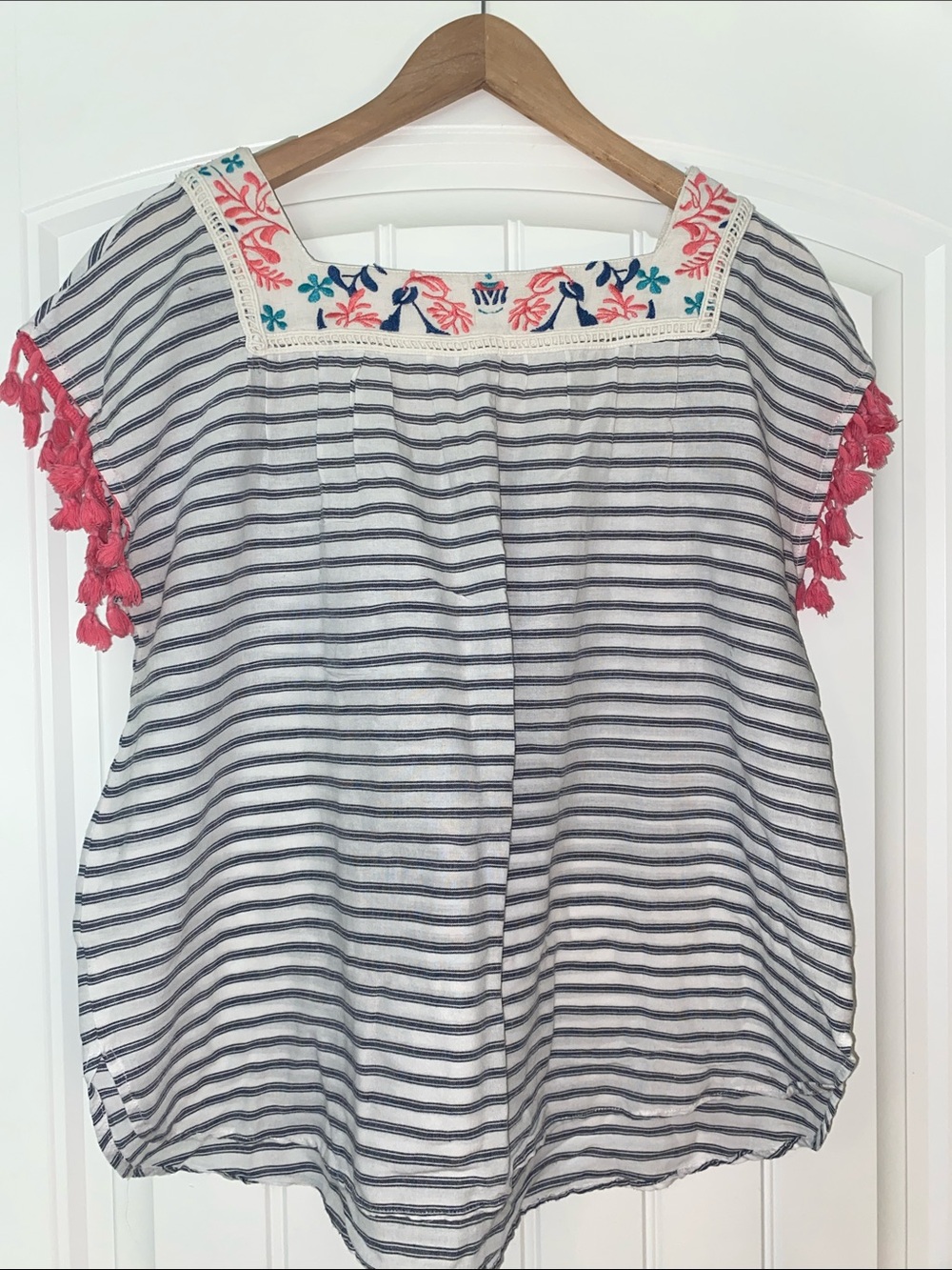 THML Navy & White Striped Square-Neck Top with Pink Tassel Trim size Large - Picture 10 of 15